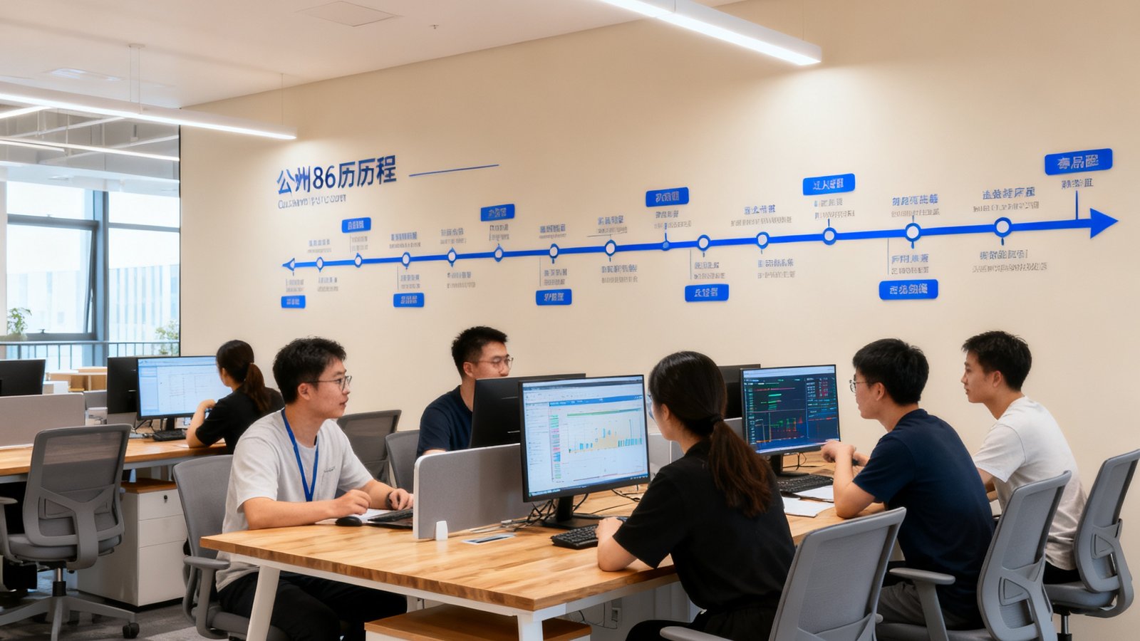 6686体育杭州总部开放式办公区，员工正在进行产品讨论与数据监测，墙上展示公司发展历程时间线