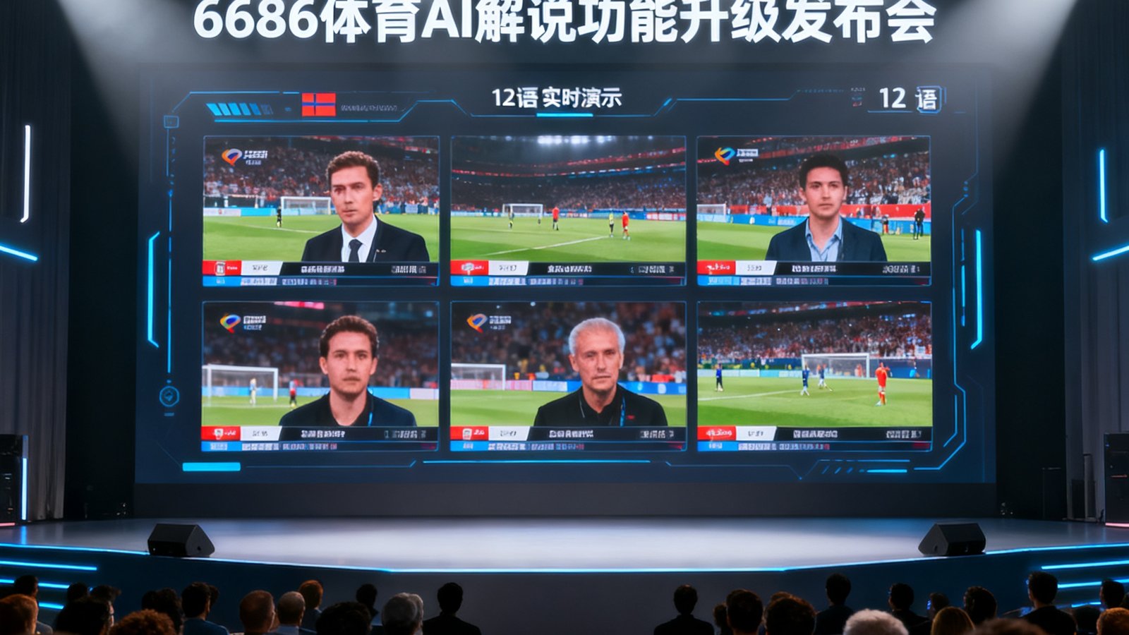 6686体育AI解说功能升级发布会现场，大屏幕展示12语种实时解说演示画面
