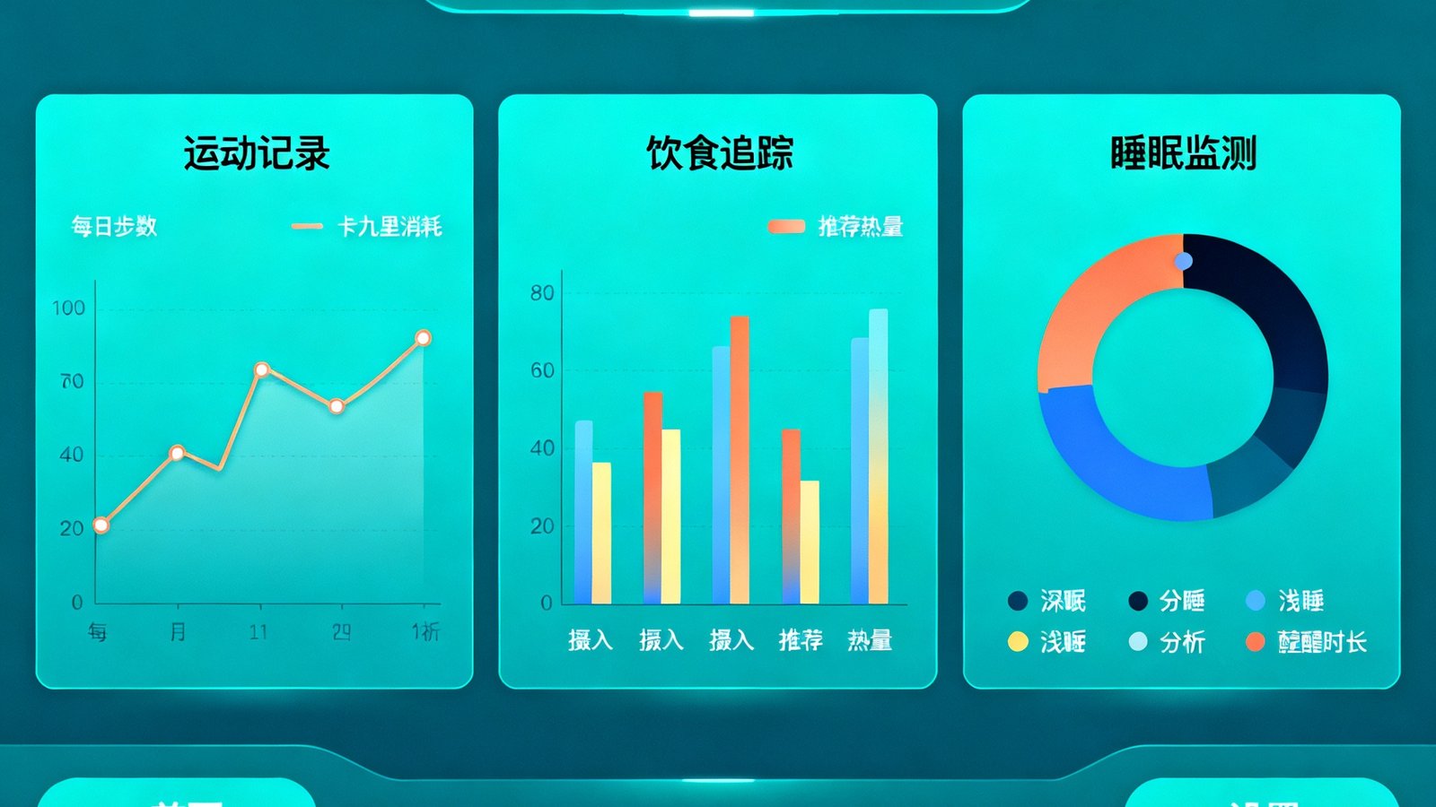 6686体育健康管理模块界面，展示用户每日运动记录、饮食追踪和睡眠监测数据图表