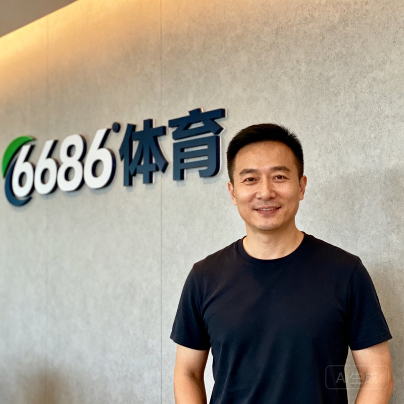 6686体育创始人兼CEO陈志远，身穿深色T恤站在公司Logo墙前，神情自信从容