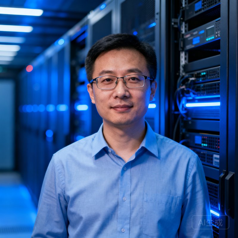 6686体育CTO林晓峰，戴着眼镜在服务器机柜前站立，背景为数据中心蓝色灯光