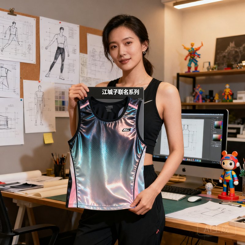 6686体育设计总监苏婉清，手持江城子联名系列样品在创意工作室中
