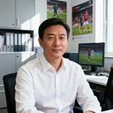 体育媒体总监张浩然头像，身着衬衫在办公室内